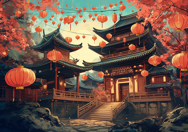 中国风古建筑灯笼高挂庆祝节日手绘插画,插画/手绘图,插画/手绘图库,插画/手绘图下载,插画/手绘